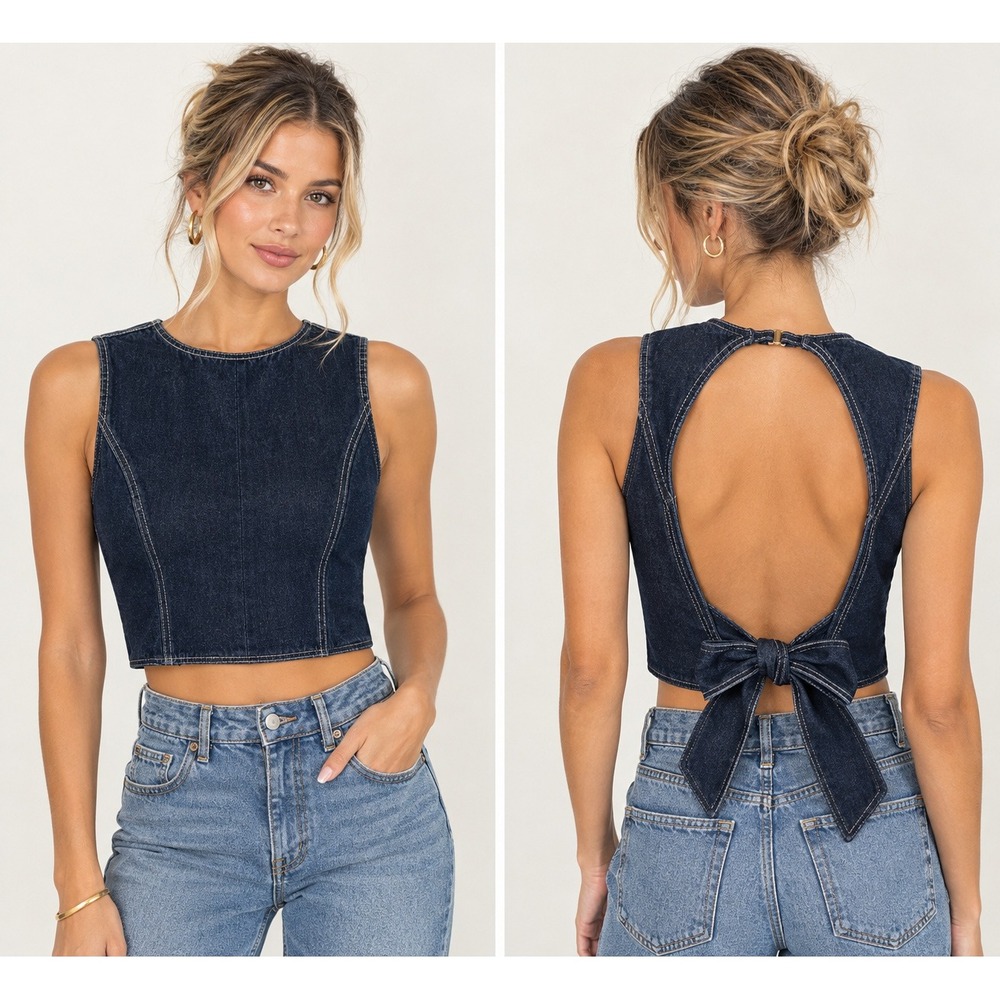 Lioness Dark Wash Denim Open Back Tie Bow Crop Top Small